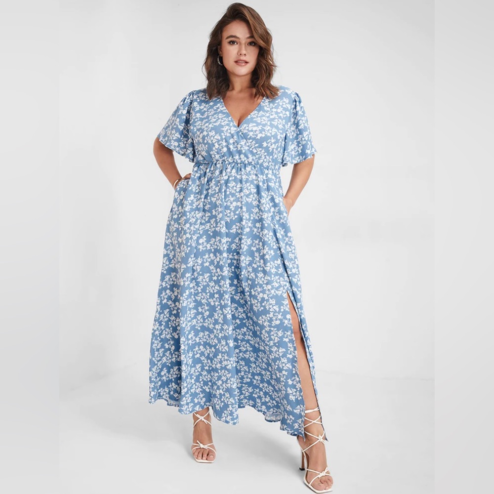 Bloomchic Flutter Sleeve Ditsy Floral Pocket Split Maxi Dress